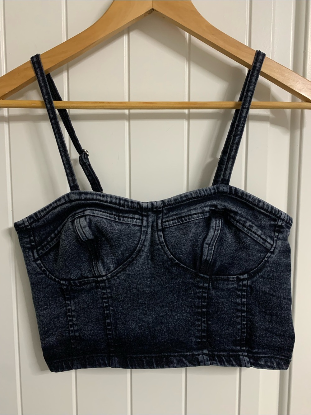 Thrill Jeans Dark Wash Denim Bustier Crop Top Large | Y2K Smocked Cami